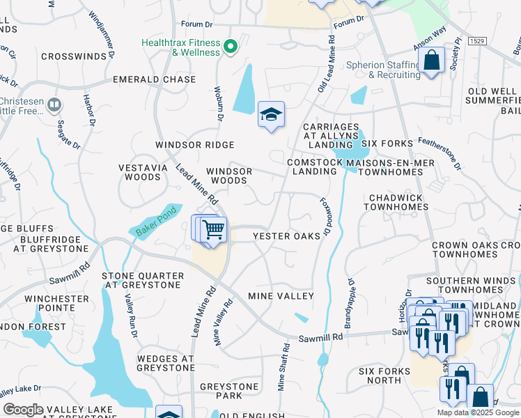 map of restaurants, bars, coffee shops, grocery stores, and more near 8038 Grey Oak Drive in Raleigh