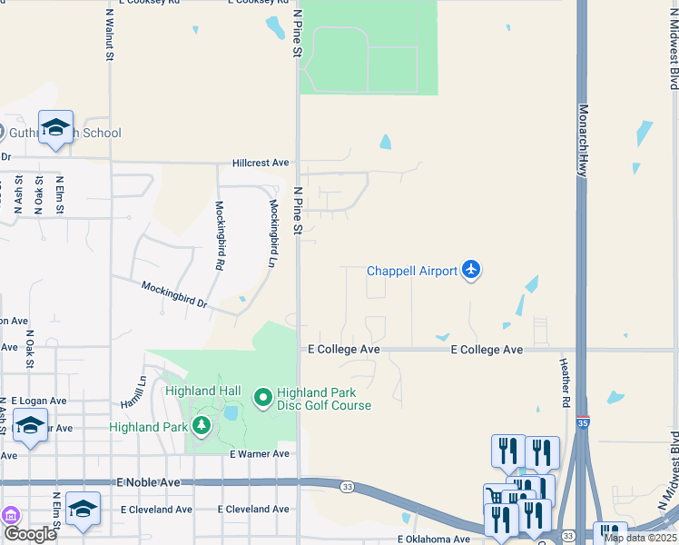 map of restaurants, bars, coffee shops, grocery stores, and more near 1005 Pinebrook Drive in Guthrie