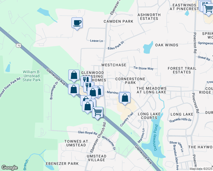 map of restaurants, bars, coffee shops, grocery stores, and more near 8231 Martello Lane in Raleigh