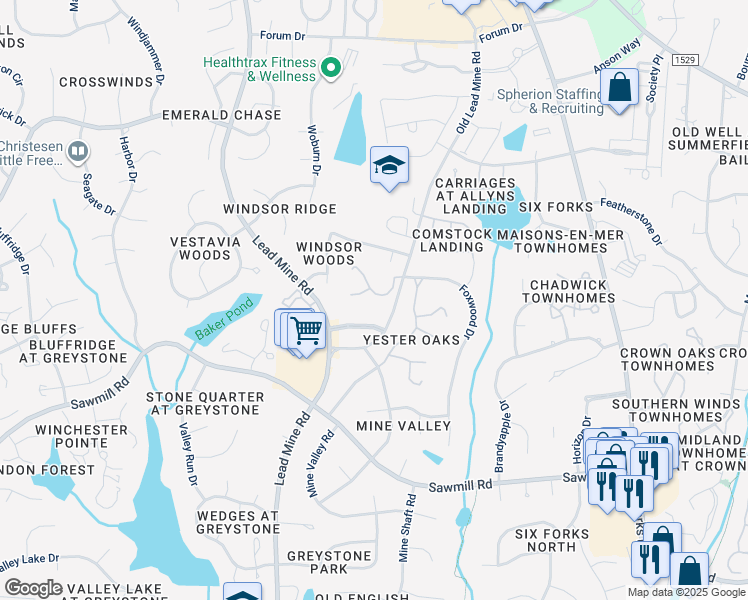 map of restaurants, bars, coffee shops, grocery stores, and more near 8038 Grey Oak Drive in Raleigh