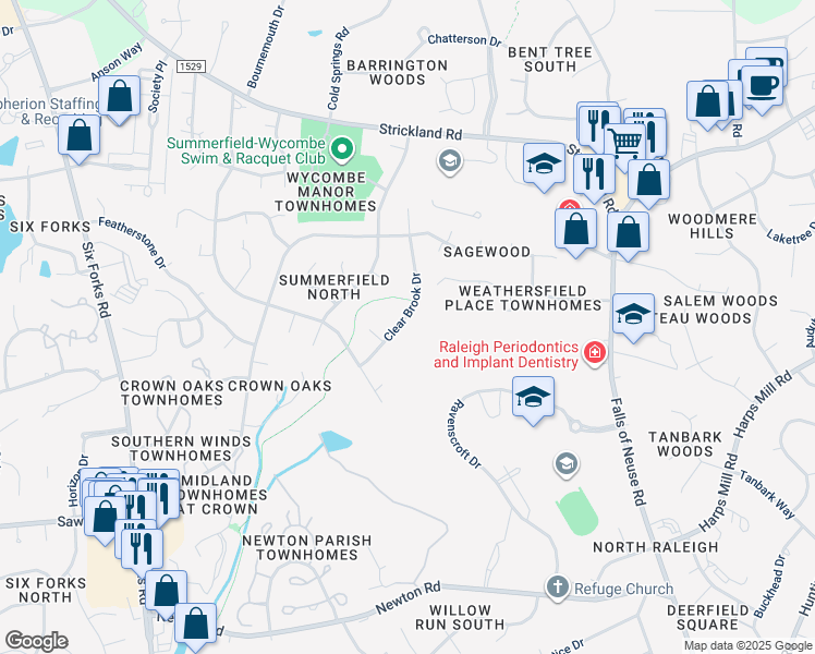 map of restaurants, bars, coffee shops, grocery stores, and more near 8112 Clear Brook Drive in Raleigh