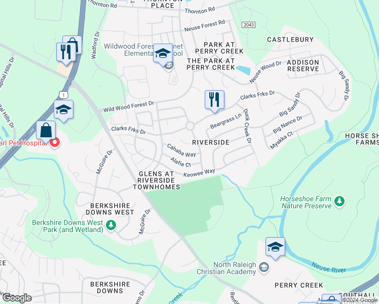 map of restaurants, bars, coffee shops, grocery stores, and more near 5517 Cahaba Way in Raleigh