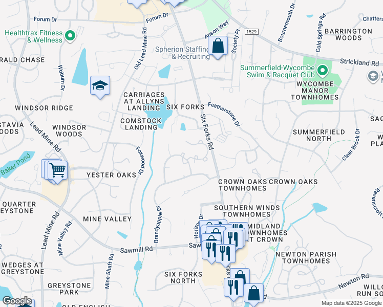 map of restaurants, bars, coffee shops, grocery stores, and more near 19 Renwick Court in Raleigh