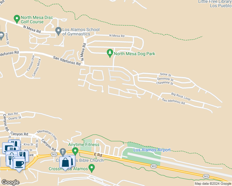 map of restaurants, bars, coffee shops, grocery stores, and more near 950 Capulin Road in Los Alamos