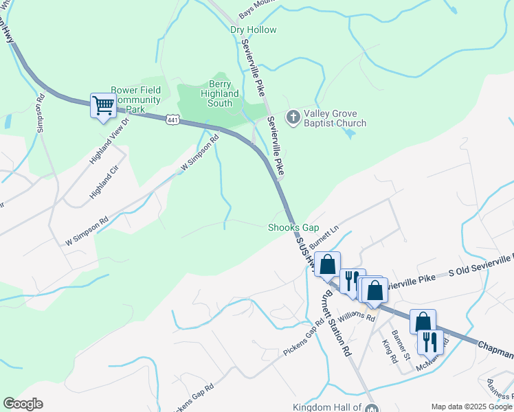 map of restaurants, bars, coffee shops, grocery stores, and more near 116 Maples Road in Knoxville