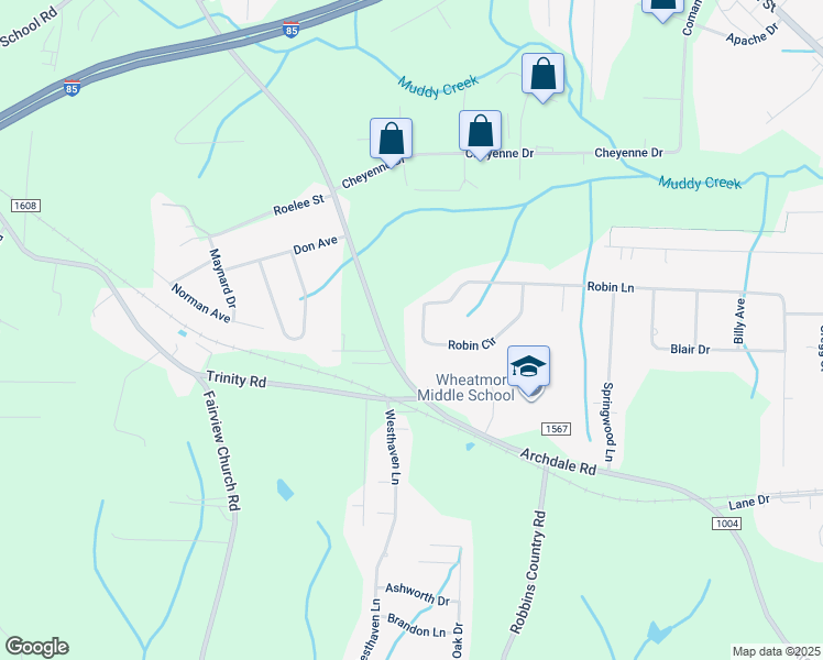 map of restaurants, bars, coffee shops, grocery stores, and more near 206 Robin Circle in Archdale