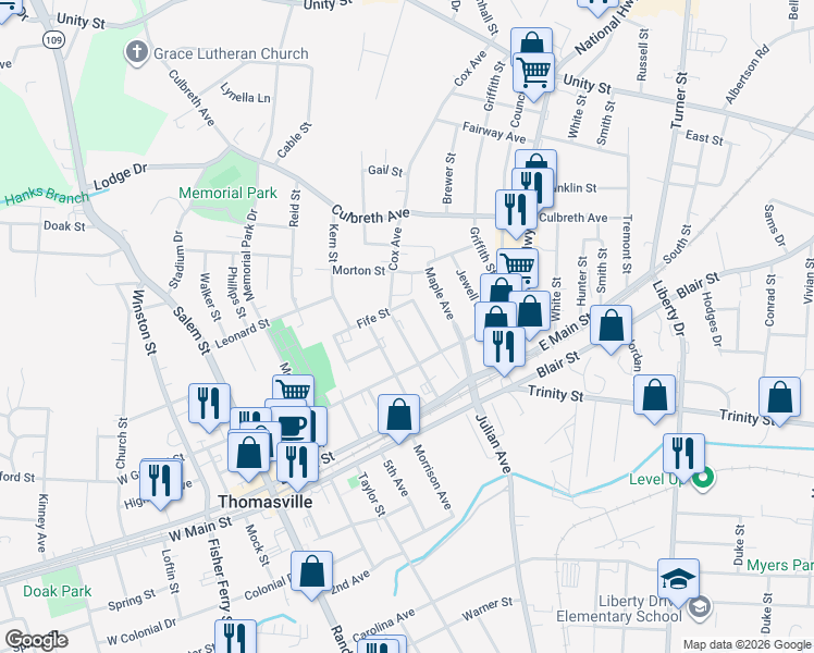 map of restaurants, bars, coffee shops, grocery stores, and more near 119 Hobbs Avenue in Thomasville