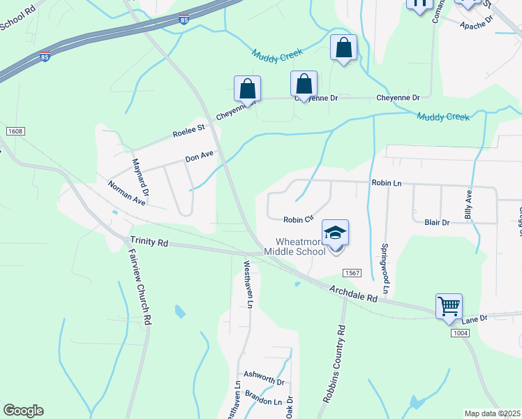 map of restaurants, bars, coffee shops, grocery stores, and more near 206 Robin Circle in Archdale