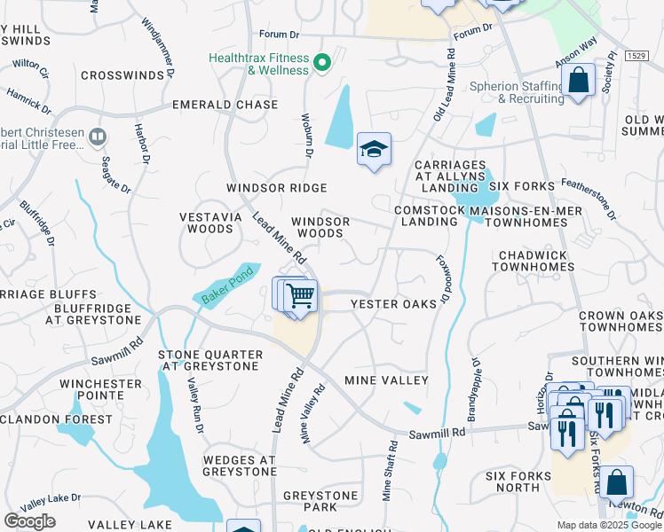 map of restaurants, bars, coffee shops, grocery stores, and more near 8008 Grey Oak Drive in Raleigh