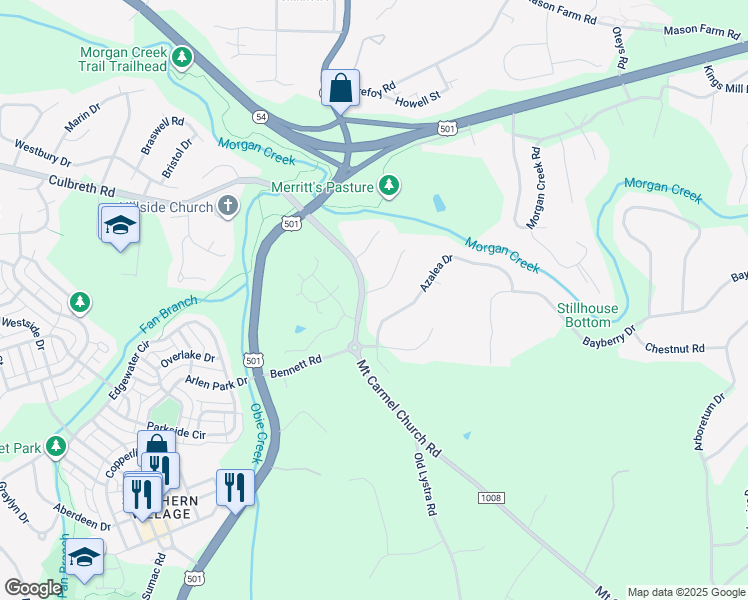 map of restaurants, bars, coffee shops, grocery stores, and more near 135 Mallard Court in Chapel Hill