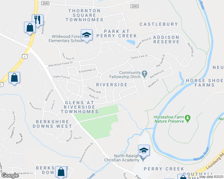 map of restaurants, bars, coffee shops, grocery stores, and more near 5529 Enoree Lane in Raleigh