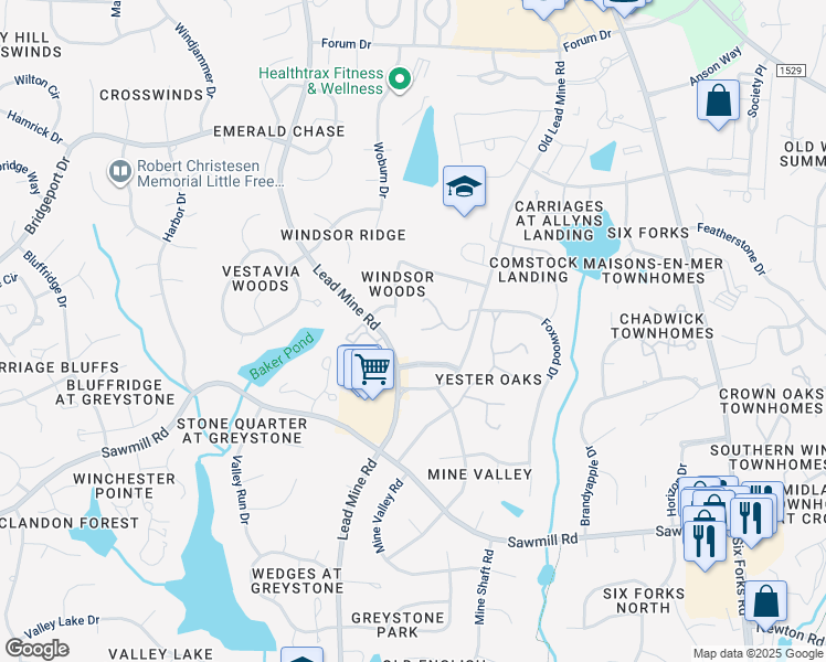 map of restaurants, bars, coffee shops, grocery stores, and more near 8008 Grey Oak Drive in Raleigh