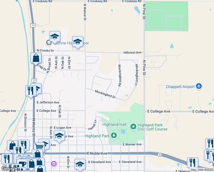 map of restaurants, bars, coffee shops, grocery stores, and more near 1025 Cherrywood Drive in Guthrie