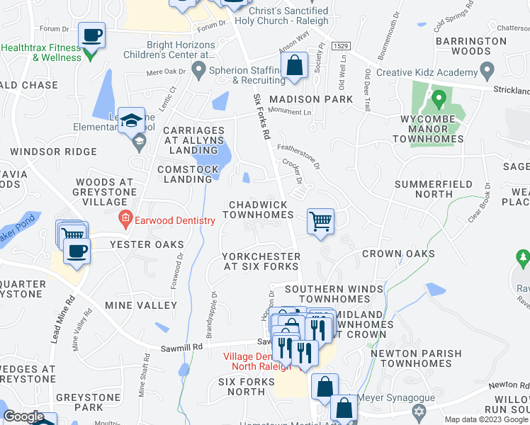 map of restaurants, bars, coffee shops, grocery stores, and more near 27 Renwick Court in Raleigh