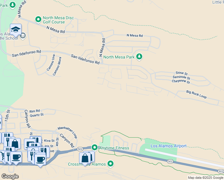 map of restaurants, bars, coffee shops, grocery stores, and more near 1852 Mountain View Place in Los Alamos