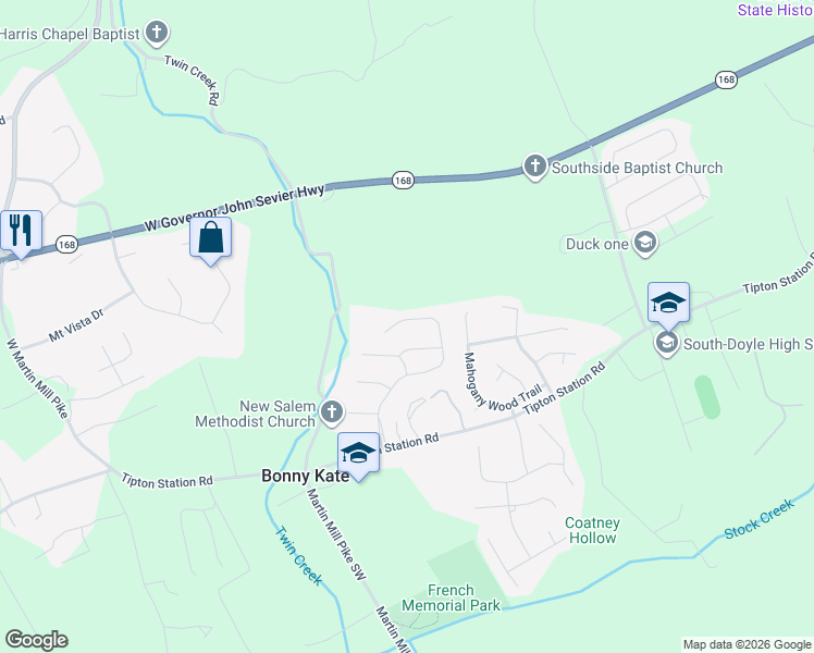 map of restaurants, bars, coffee shops, grocery stores, and more near 7229 Broken Creek Lane in Knoxville