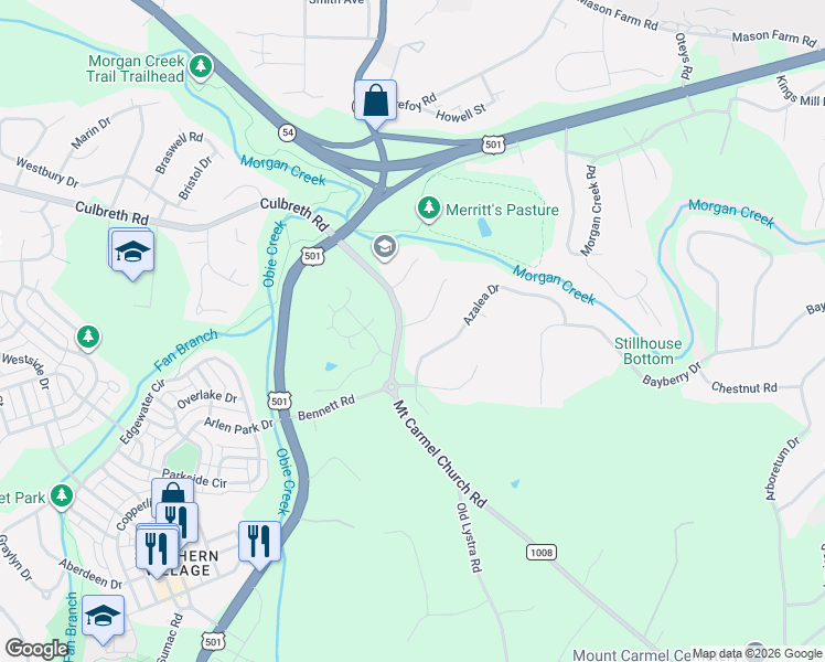 map of restaurants, bars, coffee shops, grocery stores, and more near 135 Mallard Court in Chapel Hill