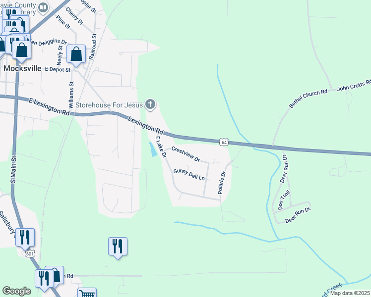 map of restaurants, bars, coffee shops, grocery stores, and more near 804 U.S. 64 in Mocksville