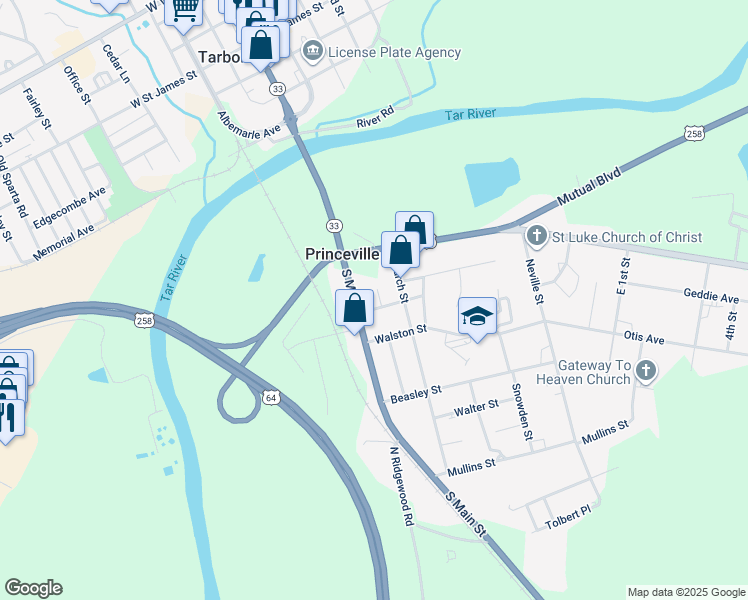 map of restaurants, bars, coffee shops, grocery stores, and more near 106 Church Street in Princeville