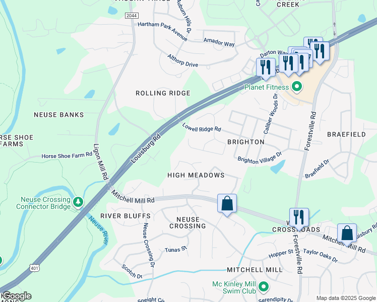 map of restaurants, bars, coffee shops, grocery stores, and more near 7111 Great Laurel Drive in Raleigh