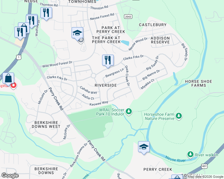map of restaurants, bars, coffee shops, grocery stores, and more near 5701 Enoree Lane in Raleigh