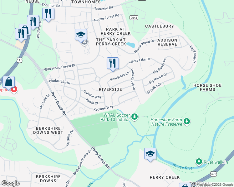 map of restaurants, bars, coffee shops, grocery stores, and more near 5701 Enoree Lane in Raleigh