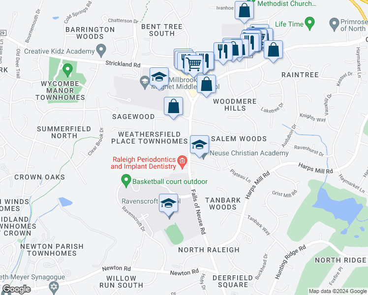 map of restaurants, bars, coffee shops, grocery stores, and more near 774 Weathergreen Drive in Raleigh