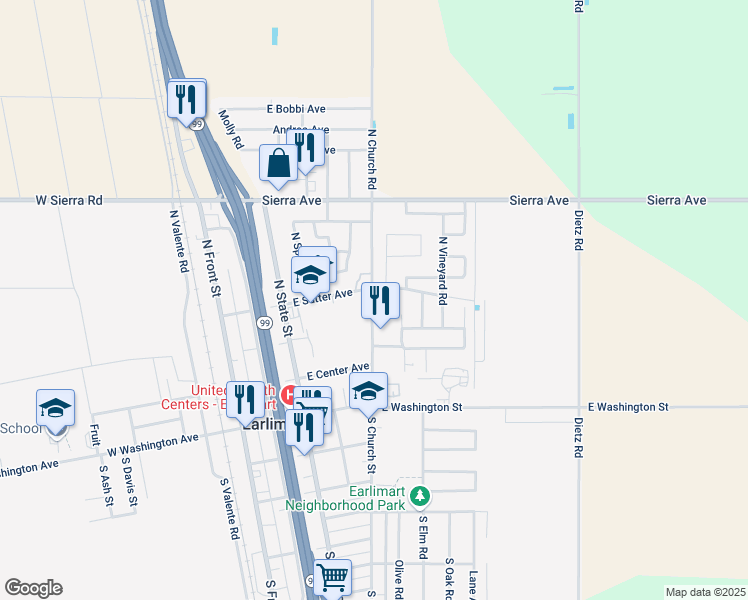 map of restaurants, bars, coffee shops, grocery stores, and more near 617 North Church Road in Earlimart