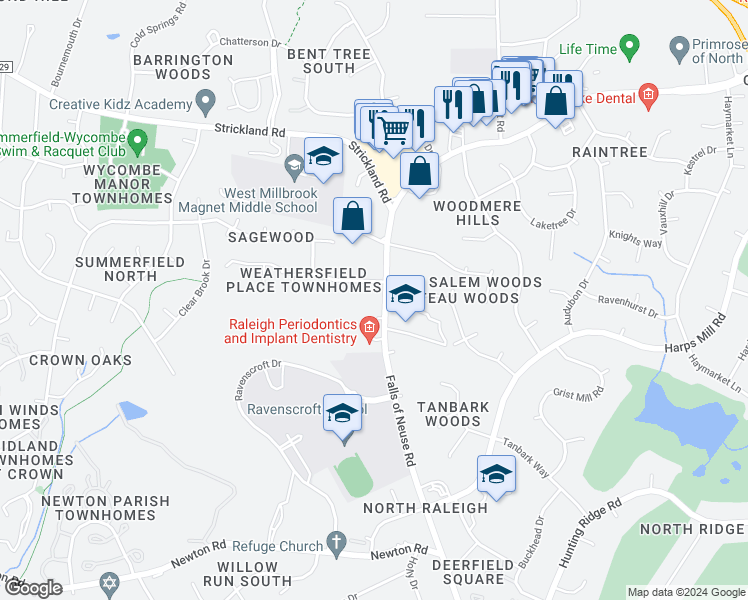 map of restaurants, bars, coffee shops, grocery stores, and more near 774 Weathergreen Drive in Raleigh