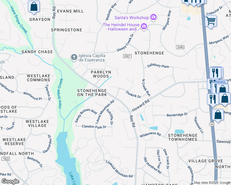 map of restaurants, bars, coffee shops, grocery stores, and more near 8105 Laurel Mountain Road in Raleigh