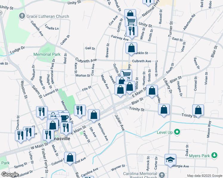 map of restaurants, bars, coffee shops, grocery stores, and more near 115 Maple Avenue in Thomasville