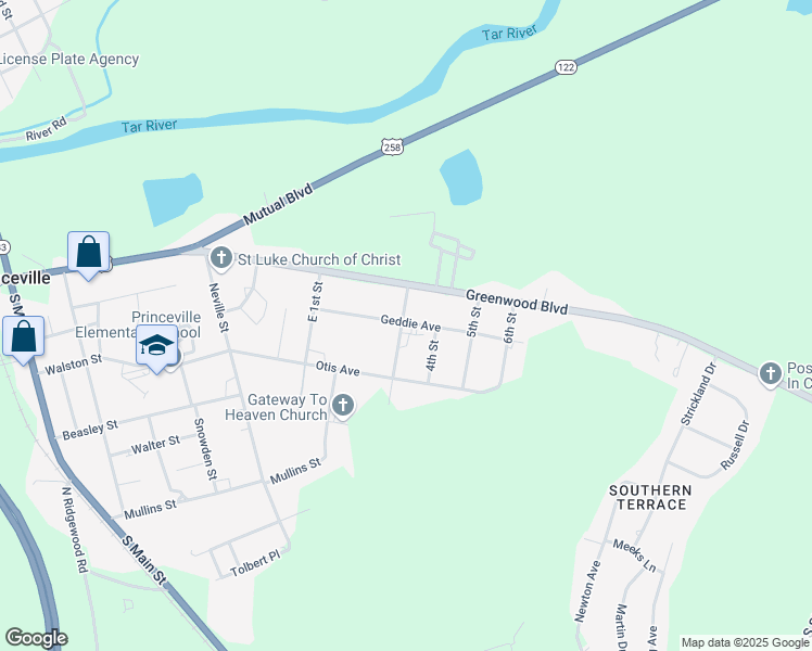 map of restaurants, bars, coffee shops, grocery stores, and more near 400 Geddie Avenue in Princeville