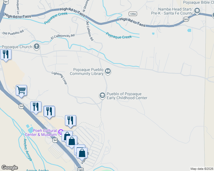 map of restaurants, bars, coffee shops, grocery stores, and more near 178 Lightning Loop in Santa Fe