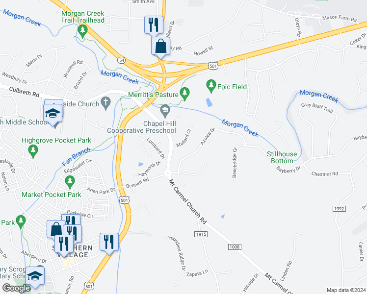 map of restaurants, bars, coffee shops, grocery stores, and more near 106 Mallard Court in Chapel Hill