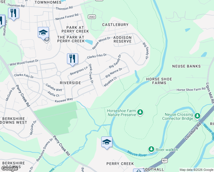 map of restaurants, bars, coffee shops, grocery stores, and more near 5930 Myakka Court in Raleigh