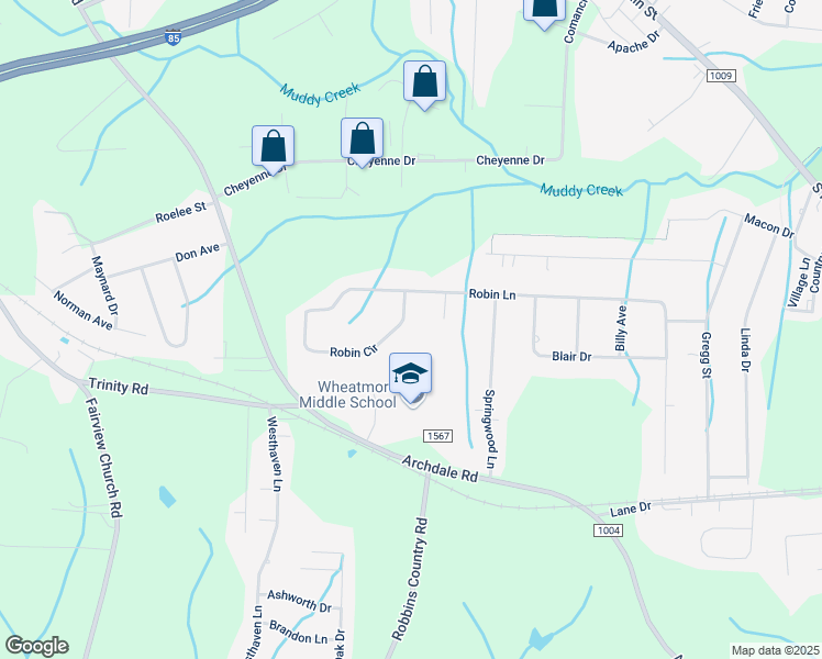 map of restaurants, bars, coffee shops, grocery stores, and more near 232 Robin Circle in Archdale