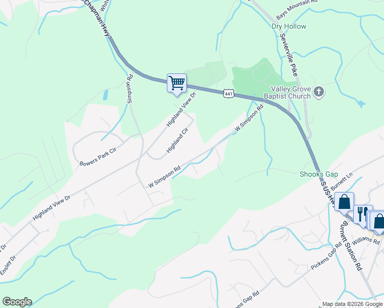 map of restaurants, bars, coffee shops, grocery stores, and more near 8848 West Simpson Road in Knoxville