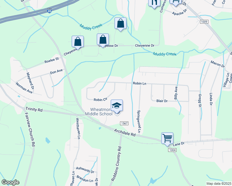 map of restaurants, bars, coffee shops, grocery stores, and more near 232 Robin Circle in Archdale