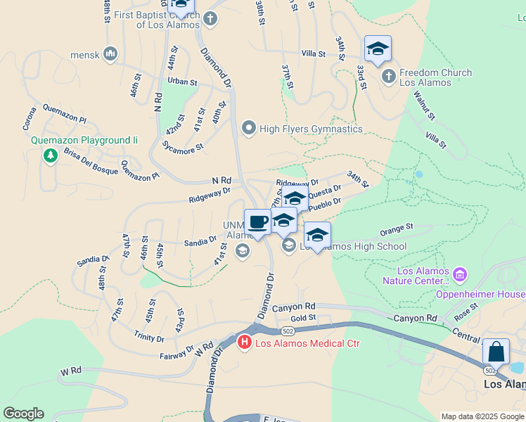 map of restaurants, bars, coffee shops, grocery stores, and more near 1663 39th Street in Los Alamos