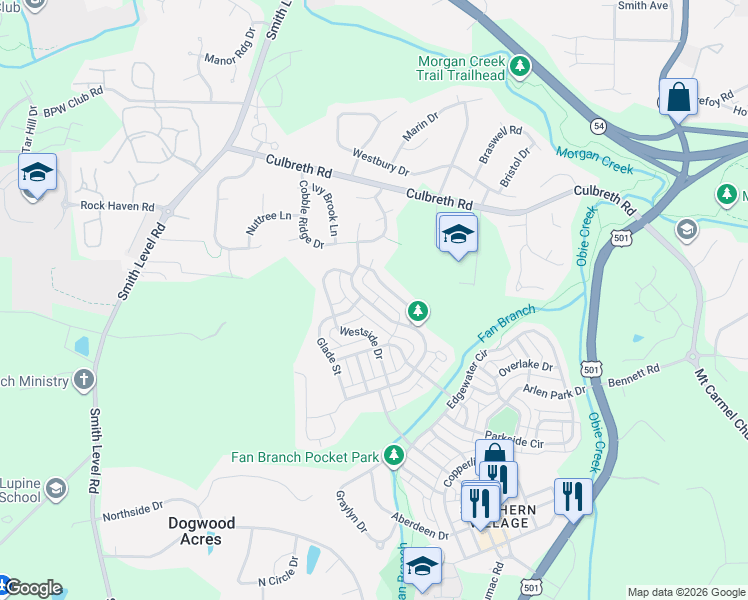 map of restaurants, bars, coffee shops, grocery stores, and more near 106 Hillspring Lane in Chapel Hill