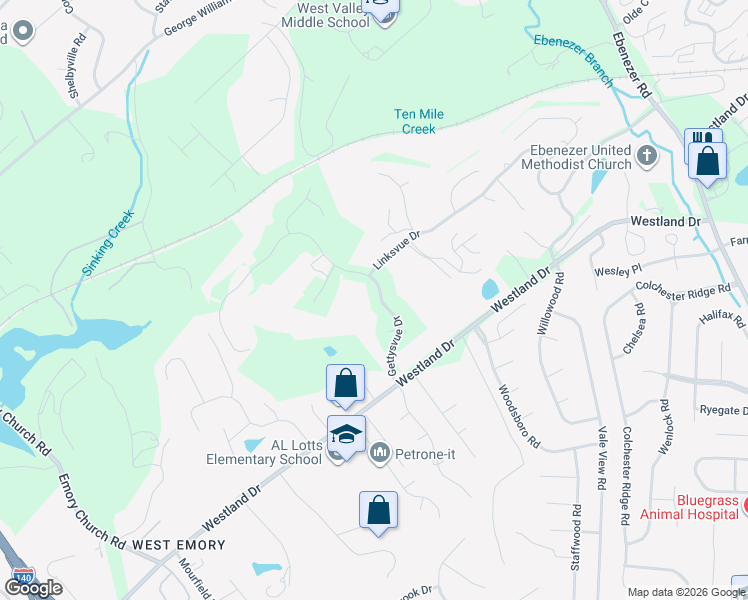 map of restaurants, bars, coffee shops, grocery stores, and more near 1000 Gettysvue Drive in Knoxville