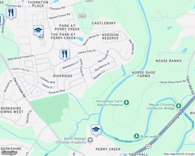 map of restaurants, bars, coffee shops, grocery stores, and more near 5930 Myakka Court in Raleigh