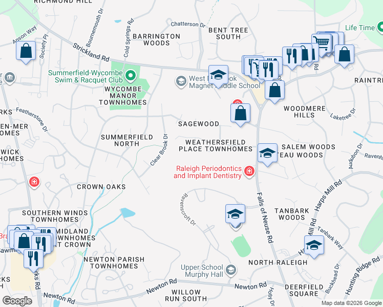 map of restaurants, bars, coffee shops, grocery stores, and more near 522 Weathergreen Drive in Raleigh
