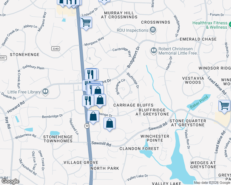 map of restaurants, bars, coffee shops, grocery stores, and more near 2221 Middlefield Court in Raleigh