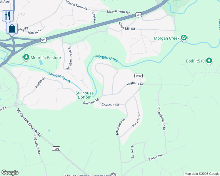 map of restaurants, bars, coffee shops, grocery stores, and more near 1406 Gray Bluff Trail in Chapel Hill