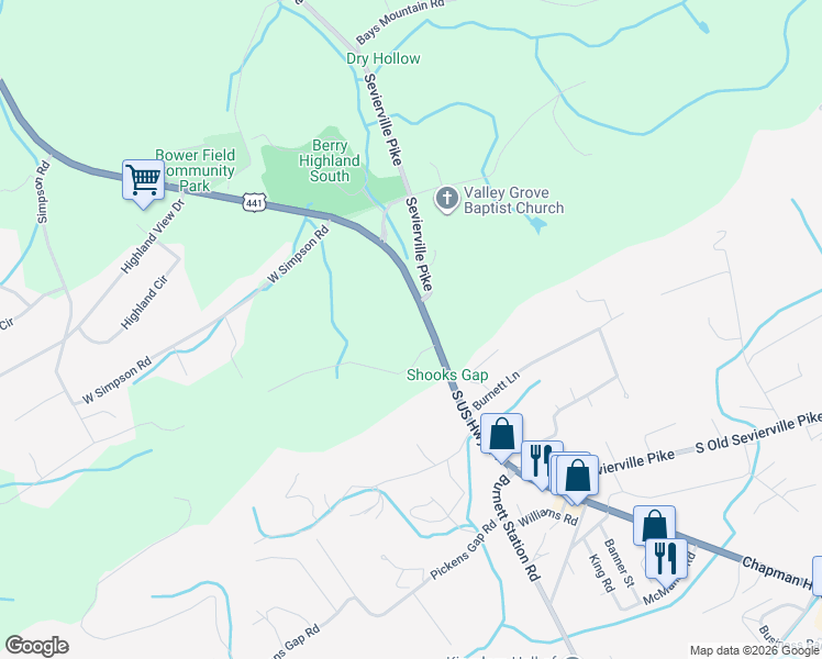 map of restaurants, bars, coffee shops, grocery stores, and more near 9109 Chapman Highway in Knoxville
