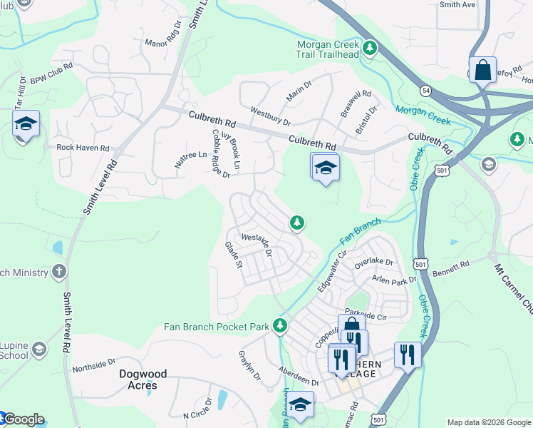 map of restaurants, bars, coffee shops, grocery stores, and more near 106 Hillspring Lane in Chapel Hill