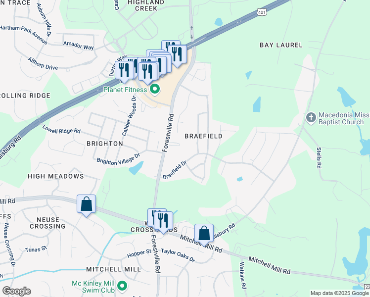 map of restaurants, bars, coffee shops, grocery stores, and more near 3207 Braefield Drive in Raleigh
