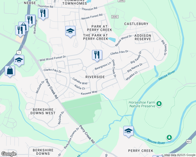 map of restaurants, bars, coffee shops, grocery stores, and more near 5609 Enoree Lane in Raleigh