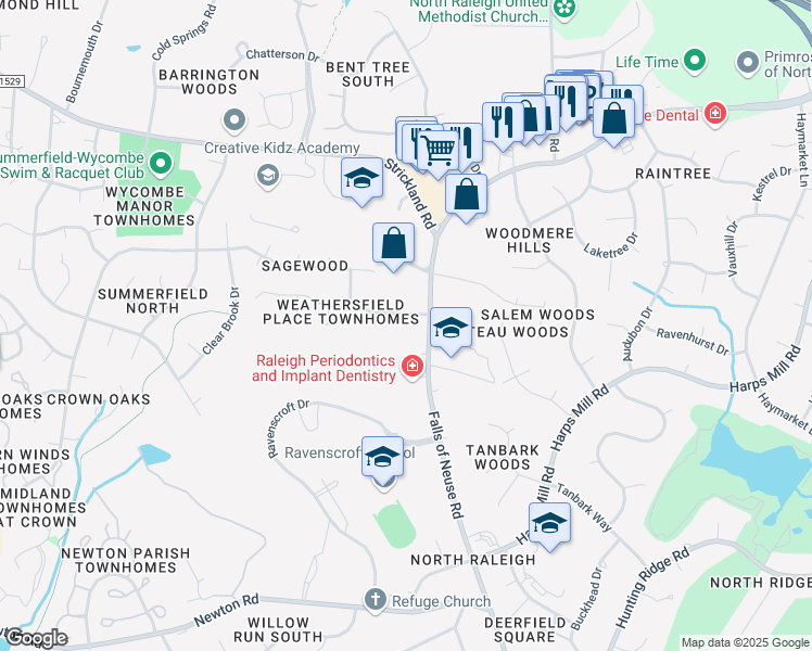 map of restaurants, bars, coffee shops, grocery stores, and more near 764 Weathergreen Drive in Raleigh